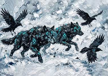 Wolves and Ravens in Snowy Landscape