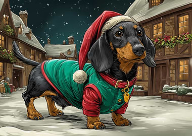 Christmas Dachshund in Snowy Village