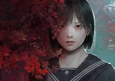 Girl in F School Hill Uniform with Flowers