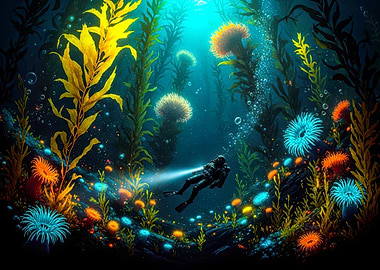Underwater Scuba Diver with Kelp Forest
