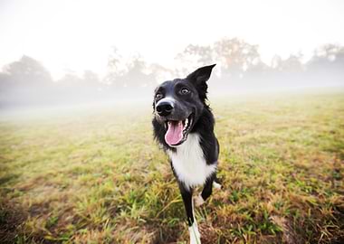 Happy Dog in Foggy Field