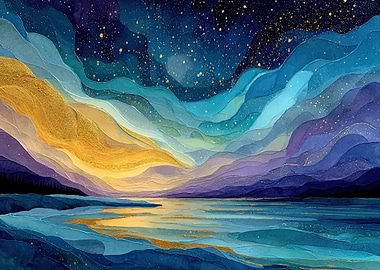 Watercolor Landscape with Golden Accents