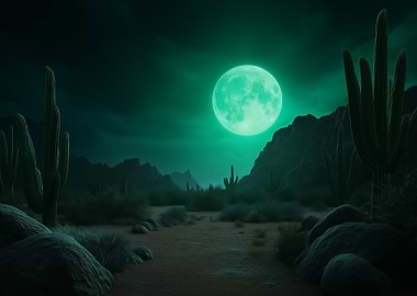 Desert Night with Cacti and Moon