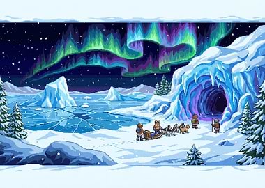 Pixel Art Arctic Expedition Under Aurora