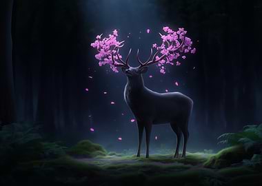 Deer with Cherry Blossoms in Forest