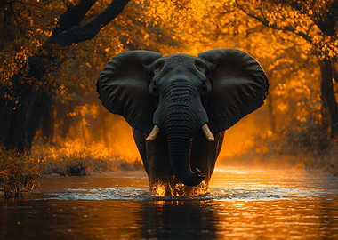 Elephant in Water, Golden Light