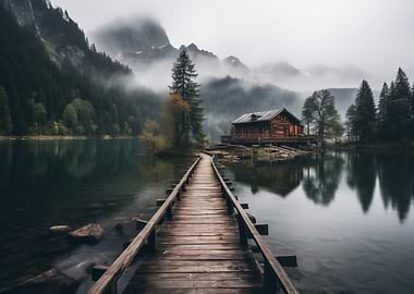 Wooden bridge to cabin on lake