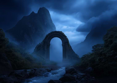 Mystical Stone Archway in Blue Landscape