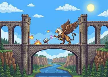 Pixel Art Knight vs. Griffin on Bridge