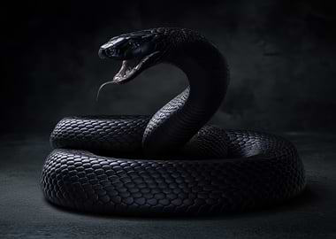 Coiled Black Snake with Open Mouth