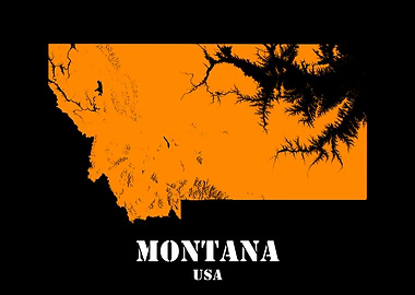 Montana USA State Minimalist Black Orange Topographic Contour Relief Map featuring terrain in orange color