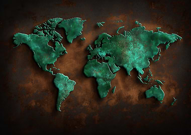 World Map Copper and Teal