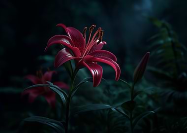 Red Lily in Dark Garden