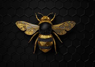 Golden Bee on Black Hexagon Background