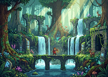 Pixel Art Forest Landscape with Adventurer