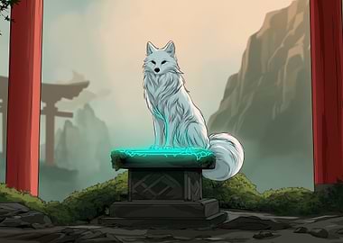 White Fox on Glowing Stone Pedestal