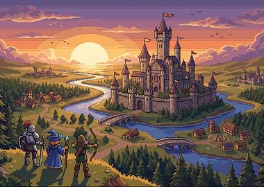 Pixel Art Fantasy Landscape with Castle