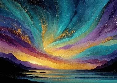 Abstract Landscape with Aurora Borealis Painting