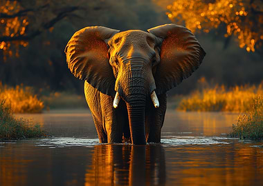 Elephant wading in water at sunset