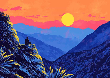 Mountain Meditation at Sunset Minimalist Abstract Illustration Art