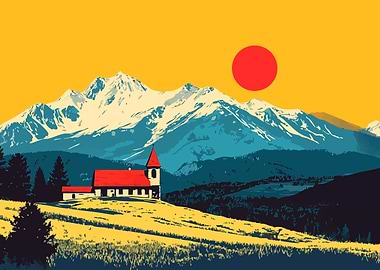 European Mountain Landscape with Church Minimalist Art Illustration