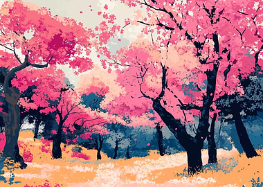 Pink Cherry Blossom Trees Landscape Minimalist Abstract Illustration Art
