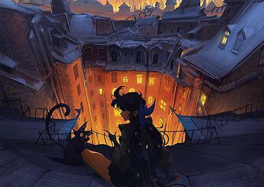 Rooftop Scene with Girl and Cat