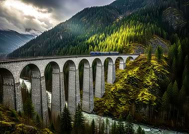 Train on Stone Bridge in Mountains