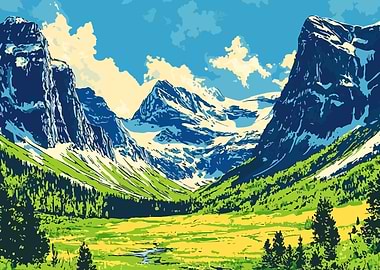 Mountain Valley Landscape Minimalist Abstract Illustration