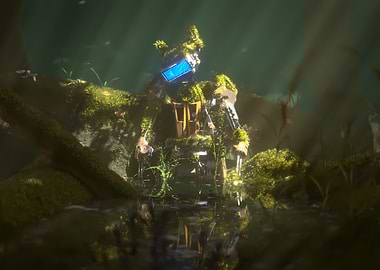 Overgrown Robot in a Forest Pond