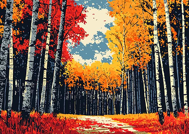 Autumn Birch Forest Path Minimalist Abstract Illustration Art