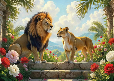 Lion and Lioness in Floral Garden