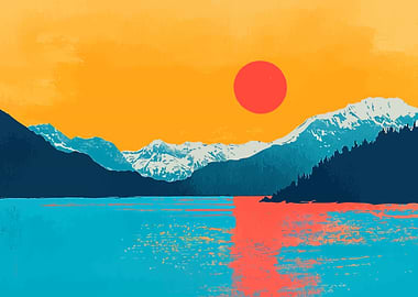 Mountain Lake Sunset Abstract Minimalist Illustration Art