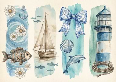 Watercolor Nautical Elements Collage