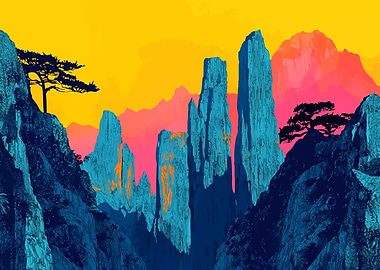 Asian Mountains Minimalist Nature Landscape Art Illustration