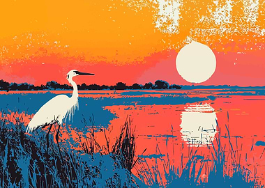 Egret at Sunset Marsh Minimalist Nature Art Illustration