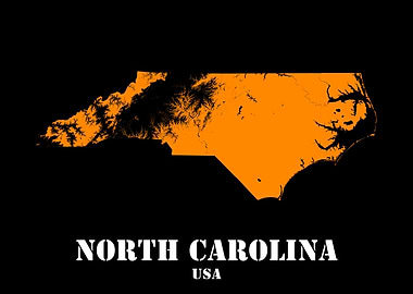 North Carolina USA State Minimalist Black Orange Topographic Contour Map featuring terrain in orange color