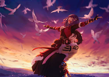Anime Couple with Doves at Sunset