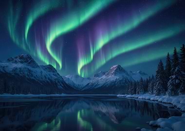 Aurora Borealis over Snowy Mountains