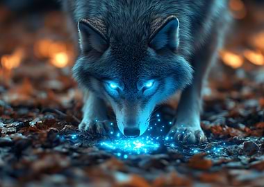 Glowing Wolf in Autumn Leaves