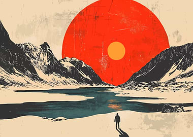 Cold Snow Mountains and a Lone Man Minimalist Art Illustration