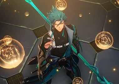 Anime Character with Spear and Orbs