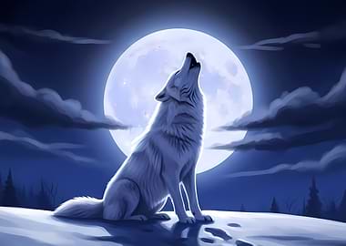 White Wolf Howling at the Moon