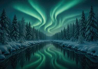 Aurora Borealis over Snowy Forest River