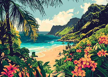 Tropical Kauai Hawaii Beach Paradise Illustration Art