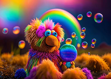 Colorful Furry Creatures with Rainbow Backdrop