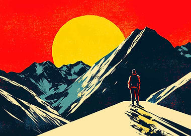 Hiker Mountain Sunset Retro Minimalist Pop Art