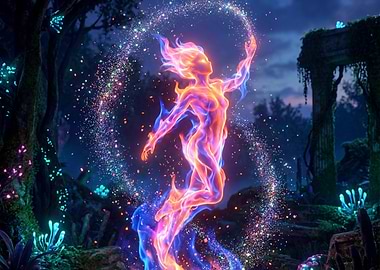 Ethereal Fire Woman in Enchanted Forest