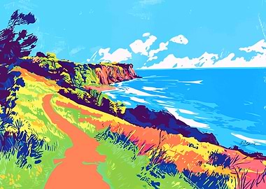 Colorful Coastal Landscape Summer Theme Art Illustration