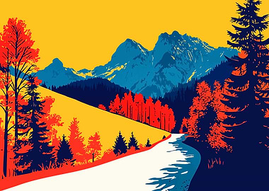 Autumn Mountain Forest Road Minimalist Abstract Art Illustration